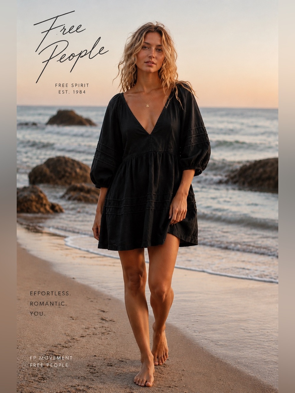 Free People Black Cotton Deep V Peasant Sleeve Tunic Mini Dress Medium Boho O